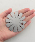Pro Grade Knife Angle Finder Bevel Gauge Stainless Steel Round Shape 15 To 120 Degree in hand showing angle options