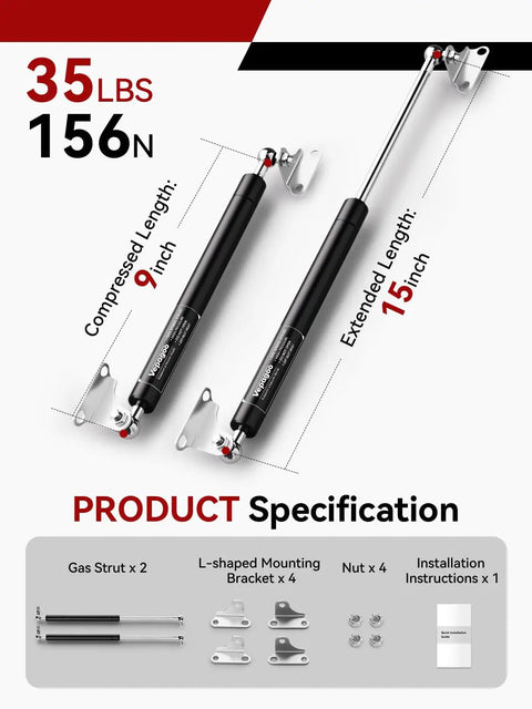 Hella Heavy Duty Gas Struts 15 Inch 35 Pound Force Shock Lifts With Mounting Brackets For Rv Bed Storage Camper Doors And Lockers Operates Smooth As Silky Butter Two Pack Set showing specifications and included components.