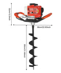 Gas Powered Post Hole Digger with 2.3HP Engine Earth Auger Kit measurements, drill bit, and anti-vibration handle visible.