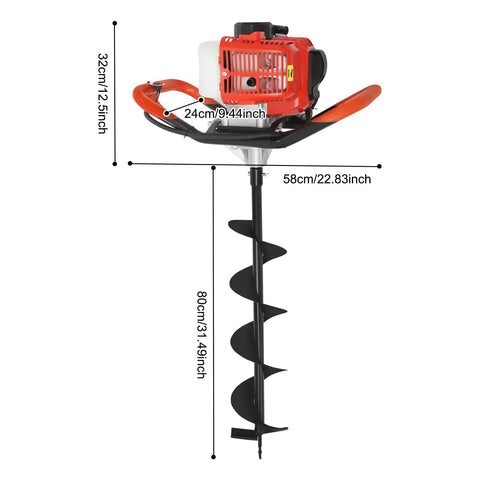 Gas Powered Post Hole Digger with 2.3HP Engine Earth Auger Kit measurements, drill bit, and anti-vibration handle visible.
