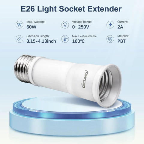 Flexible E26 Socket Extender Adapter With Adjustable Reach, Extends Light Socket From 3.15 To 4.13 Inches, Edison Screw Converter
