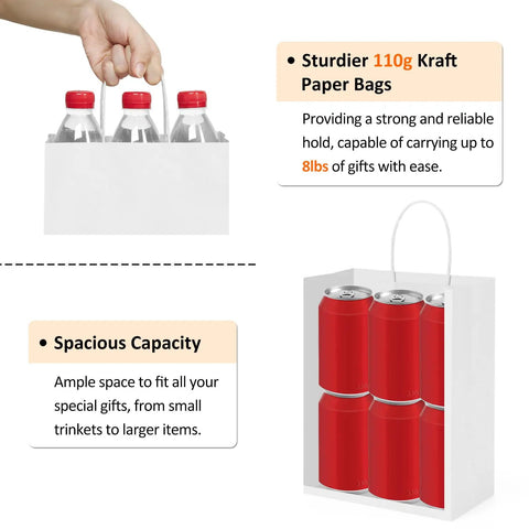 25 Pack White Gift Bags With Handles, 8 x 4.25 x 10.5 Inch Kraft Paper Gift Bags holding bottles and cans, Eco Friendly Recyclable Kraft Bags
