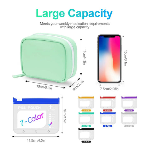 Image showing dimensions and design of the Waterproof Pill Organizer Set With 14 Color Coded Pouches Twice Daily Large Pill Holder For Seven Days.