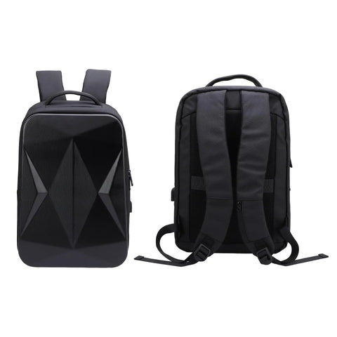 Ultra Compact Satellite Travel Backpack With USB Charging Port, Water Resistant, front and back view, molded compartments visible