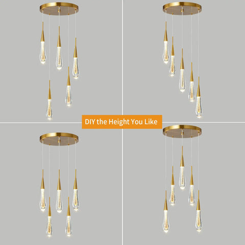 Lit Gold Teardrop Crystal Pendant Lights With Dimmable LED Ceiling Fixture, Modern Brushed Brass Finish, adjustable height