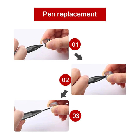 Step-by-step guide showing pen replacement for Boutique Grade Replacement Pen Tips For Kindle Scribe Featuring A Hella Smooth Glide.