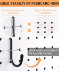 Close-up of double pegboard hook design with peg locks for 1/4 inch pegboards from 300 Piece Pegboard Accessories Kit With Heavy Duty Hooks And Bins For Garage Wall Organization And Tool Storage Including Peg Locks One Quarter Inch Hooks For Pliers Holders And Multi Tool Racks.