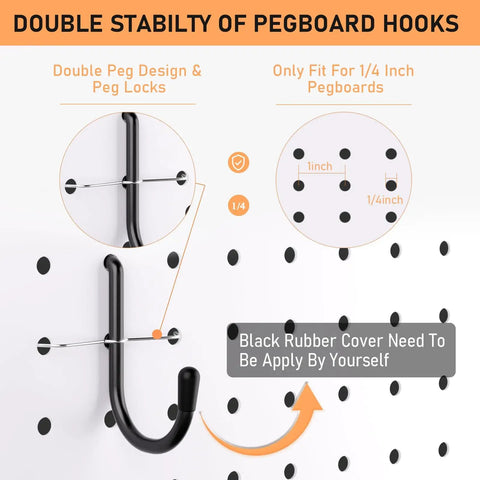 Close-up of double pegboard hook design with peg locks for 1/4 inch pegboards from 300 Piece Pegboard Accessories Kit With Heavy Duty Hooks And Bins For Garage Wall Organization And Tool Storage Including Peg Locks One Quarter Inch Hooks For Pliers Holders And Multi Tool Racks.
