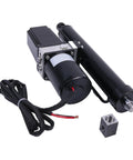 Front view of a black 12V hydraulic electric linear actuator with 10in stroke, wired harness, mounting adapter.