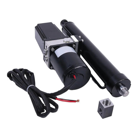 Front view of a black 12V hydraulic electric linear actuator with 10in stroke, wired harness, mounting adapter.