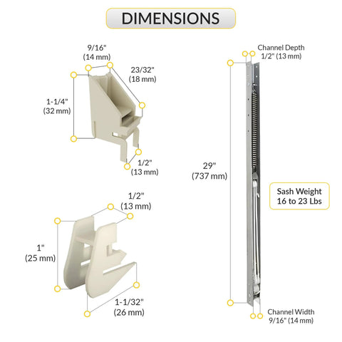 Heavy Duty Aluminum Window Channel Balance for Residential Windows, 29 Inch Length, 9/16 Inch Width, 1/2 Inch Depth, Supports 16-23 Lbs Sash, Top Guide 1-1/4 Inch, Bottom Guide 1 Inch, Replacement Window Hardware; dimension diagram