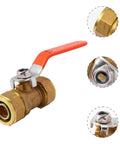Top Shelf Heavy Duty Brass Ball Valve For Plumbing And Garden Hose Shut Off With Integrated Pressure Relief and Check Function Stops Backflow Smoothly In Kitchens And Heaters Works Like A Charm, showing the valve and handle.
