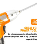 Close-up of power drill with Torx bit; S2 steel material; compatible with 1/4 inch hex shank; ideal for power tools.