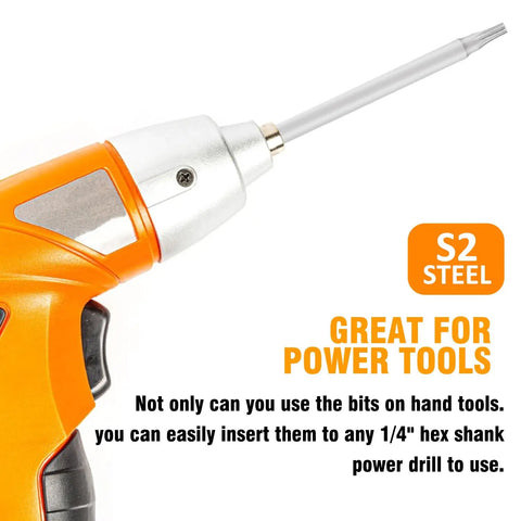 Close-up of power drill with Torx bit; S2 steel material; compatible with 1/4 inch hex shank; ideal for power tools.