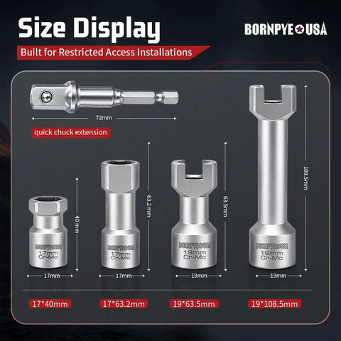 Heavy Duty Five Piece Strut Channel Socket Set For One Half Inch Drive With Quick Change Adapter size display showing socket measurements