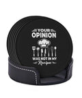Six Piece Leather Coaster Set With Holder For Drinks Bar Home Office Surface Protection Premium PU Microfiber Leather Drink Coasters With Tray showcasing humorous quote design in holder