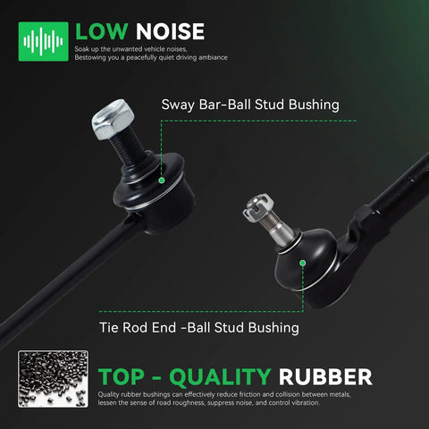Close-up of sway bar and tie rod end components from Front End Suspension Kit for Dodge Grand Caravan 08 20 and Chrysler Town and Country 08 16 and Routan 09 11 and Ram CV 12 15 Includes 2 Front Lower Control Arms With Ball Joints, 2 Sway Bar Links, And 4 Tie Rod Ends.