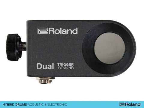 Front view of Bass Drum Trigger For Hybrid Drumming With Dual Head And Rim Triggers, Adjustable On Metal Hoops.