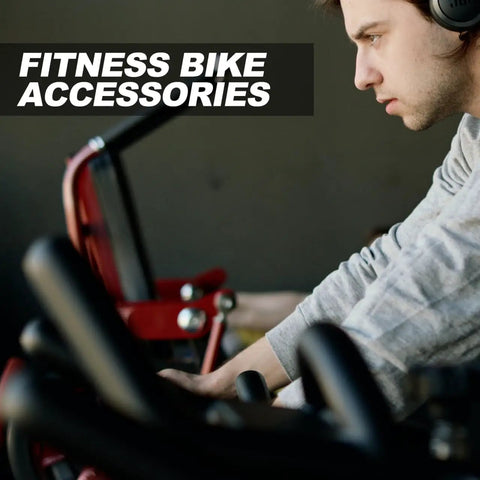 Man using fitness bike with text overlay 'Fitness Bike Accessories'