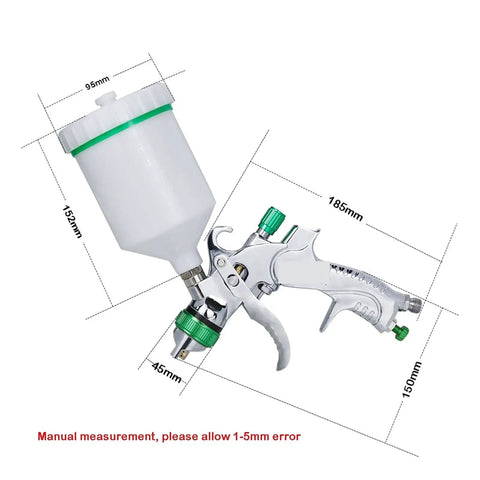 Pro Grade Handheld Airbrush Kit Adjustable Hvlp Paint Sprayer Gun with 600ml cup and brass nozzles, dimensions shown.