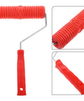 Red Grain Pattern Paint Roller For Wall Texturing With Ergonomic Plastic Handle showing textured red rubber and metal shaft.
