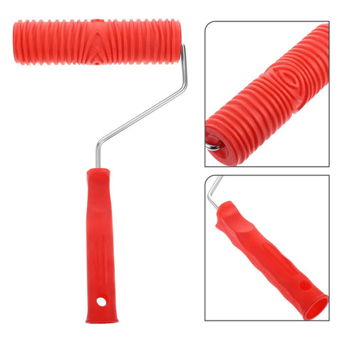 Top Tier Premium Grain Pattern Paint Roller With Slick Plastic Handle For Smoothing Over Bare Drywall and Crafting Embossed Textures That Look Absolutely Badass, red rubber cover and plastic grip.