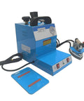 Heavy Duty Industrial Steam Iron And Boiler Setup Straight Up 110 Volt 1600 Watt Pro Ironing Rig with blue boiler and iron detail.