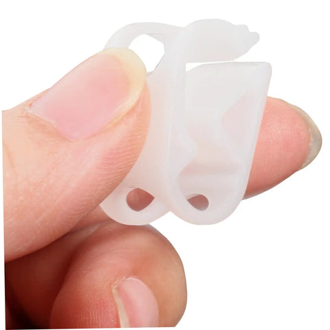 Close-up of white plastic clip being held, part of Five Pack Flow Regulator Clips Plastic Hose Clamps For Aquarium Tubing Siphon Lines And DIY Water Setups Easy Shutoff Flow Control Quick Grip Tube Clip System For Home Projects And Crafty Plumbing