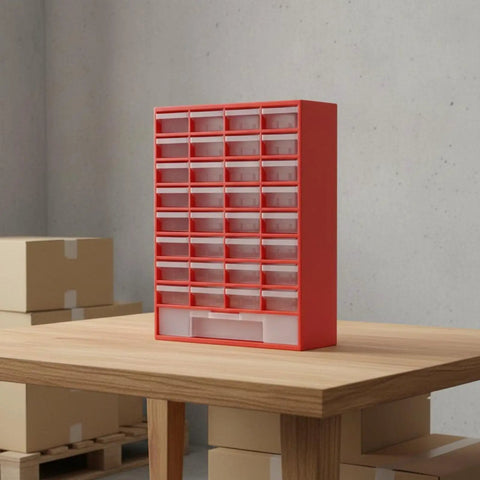 Industrial 33 Drawer Storage Cabinet With Removable Dividers And Transparent Polypropylene Drawers For Workshop Tools And Household Hardware Organization compact red cabinet on wooden table