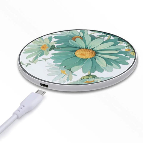 Mint Green Watercolor Daisy Wireless Charger Pad With 10W Fast Charging Portable Qi Charger Pad For iPhone Android Slim Lightweight
