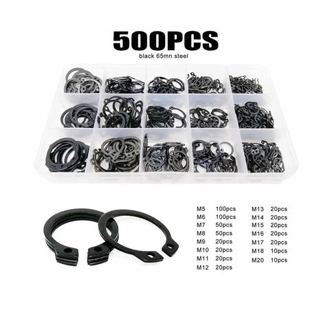 500 Piece M5 To M20 External Circlip Retaining Ring Kit Set In Stainless Steel 65Mn Black Finish with sizes chart