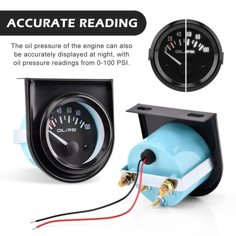 Universal oil pressure gauge kit showing 0-100 PSI meter, sensor, and mounting frame for accurate engine diagnostics in vehicles.