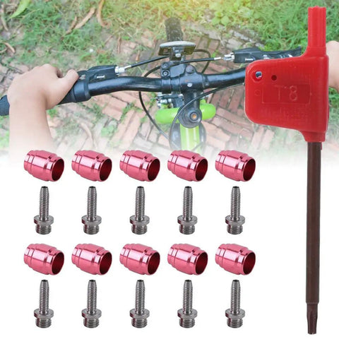 Hydraulic Disc Brake Hose Olive Kit With 10 Stainless Steel Olives And Wrench For Easy Install No Fuss Replacement Set For Bike Disc Brakes Includes 5.0x2.0mm Olive Inserts And Tools For Quick Brake Line Setup, shown with T8 tool and bike handlebar