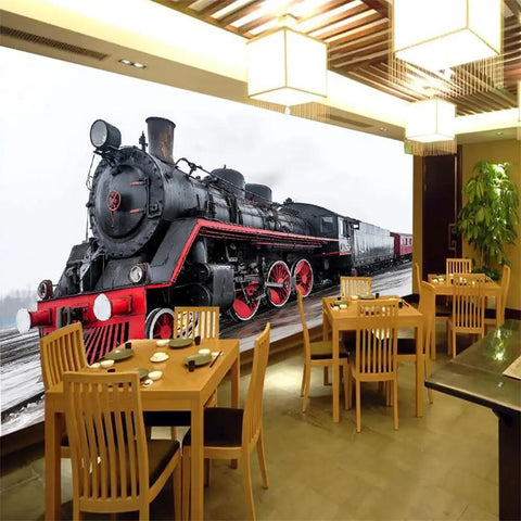 Epic 3D Steam Train Wall Mural Peel And Stick Self Adhesive Decor For Bedroom Or Living Room Realistic Embossed Texture in dining area