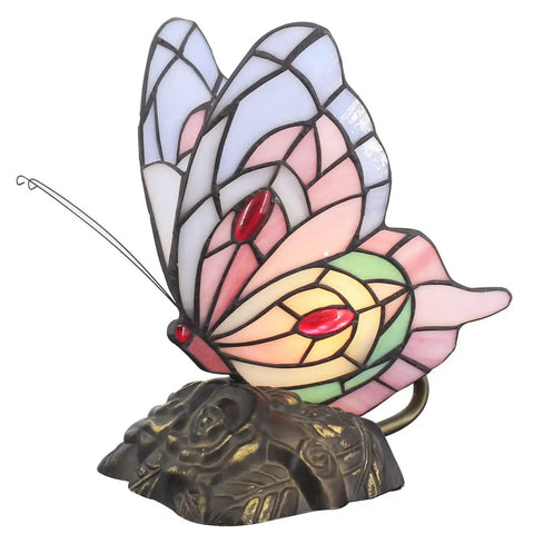Tiffany Style Stained Glass Butterfly Table Lamp With Pink Butterfly Accent, Small Desk Lamp 7 x 9.8 x 5 Inches, antique bronze base
