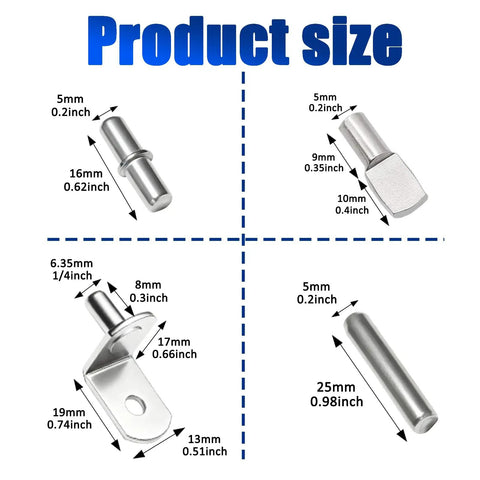 Top Shelf Nickel Plated Shelf Pins Kit Includes Sixty Four Workhorse Pegs In Four Sleek Profiles showing product size details and dimensions.