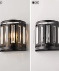 4 Light Crystal Bathroom Vanity Light Bar In Black Over Mirror, Modern Industrial Glam style, shown on and off