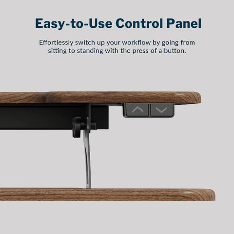 Easy-to-use control panel of Vari Pro Plus 36 Electric Standing Desk Converter in stylish walnut finish for ergonomic adjustments.