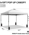One Person Setup Ready 10x10 Pop Up Canopy Tent With Sandbags shown with dimensions for outdoor events