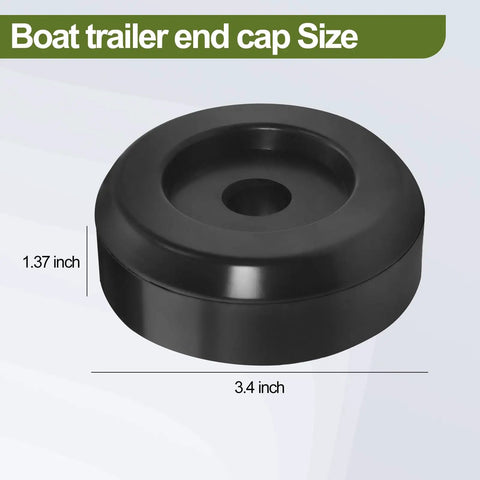 Boat Trailer Keel Roller End Caps 3.5 Inch Black Rubber with size dimensions shown, fits keel spool rollers and bow rollers, 2 pack