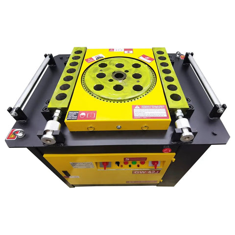 Hella Heavy Duty Automatic Rebar Bender 220V Electric Steel Bar Bending Machine Featuring Knockout 0 To 180 Degree Adjustable Angle top view with controls.