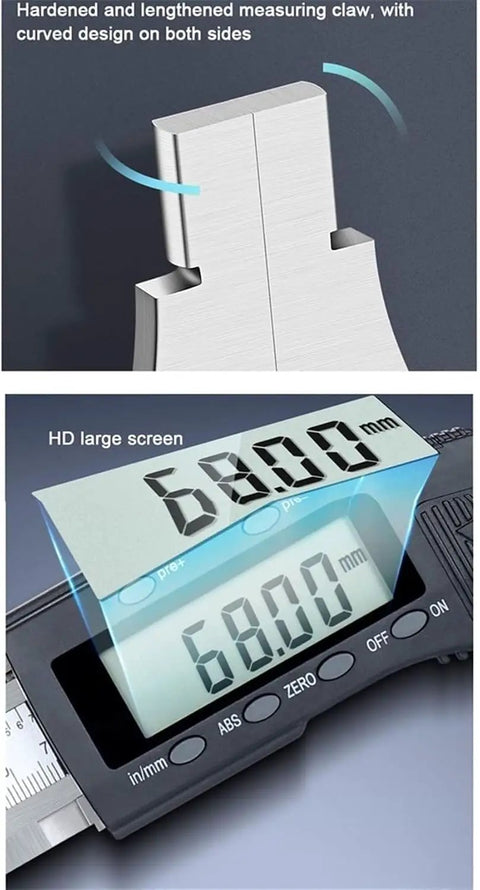 Close-up of Large Range Long Jaw Digital Caliper 0-800mm/31.5 Inch with curved measuring claw and LCD display showing 68.00 mm.