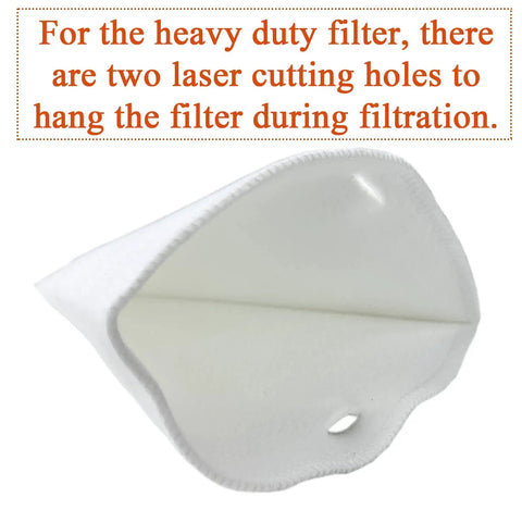 Maple Syrup Filters Set 7 Piece Kit With 1 Heavy Duty Filter And 6 Nylon Pre Filters showing laser cutting holes for hanging