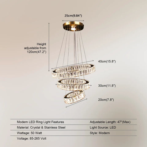 Dimmable Dope Modern LED Chandelier With Three Ring Pendant Lights, Crystal Rings for dining room adjustable to 47.2 inches.