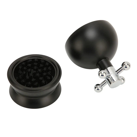 Pro Level 58mm Coffee Powder Distributor And Espresso Stirrer Tool Featuring Adjustable Height Dial Built From Food Grade Metal For Smooth Barista Extraction Plus Even Ground Bedding In Dope Gloss Black, showing black and chrome components.