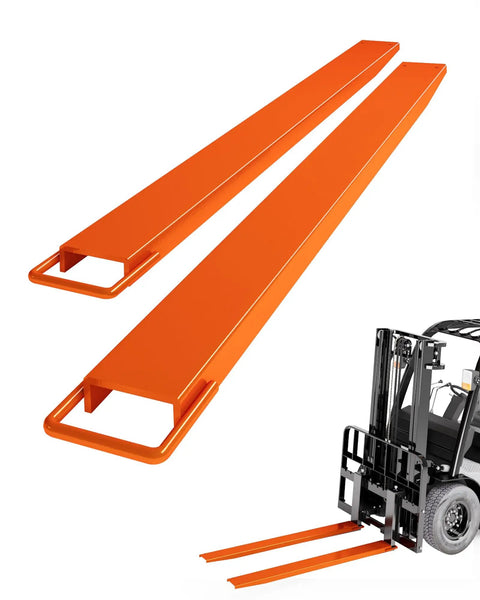 Heavy Duty Steel Fork Extensions For Forklift Trucks, 4.5 Inch Wide Pallet Forks, 96 Inch Length, Orange, 1 Pair, shown installed on forklift