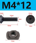 Rock Solid M4 Mlok T Nuts And Screws Bulk Pack Including Twenty Four Heat Treated Steel Fasteners And Allen Key For Optics Handguards Tactical Gear Install. M4*12 screw and T-nut with dimensions.