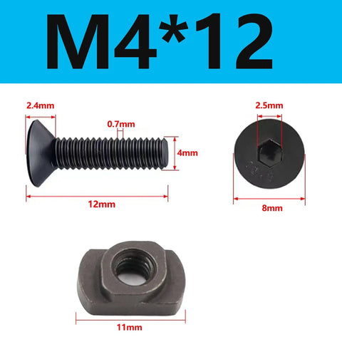 Rock Solid M4 Mlok T Nuts And Screws Bulk Pack Including Twenty Four Heat Treated Steel Fasteners And Allen Key For Optics Handguards Tactical Gear Install. M4*12 screw and T-nut with dimensions.