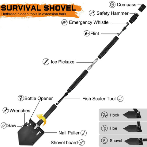 Survival Off Road Tool Kit With 19 in 1 Folding Shovel Camping Axe Multitool Pickaxe And Carrying Bag features breakdown