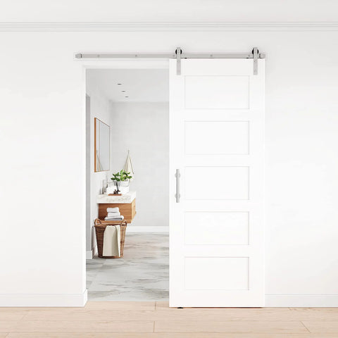 12 Pack Sliding Barn Door Handles Hardware Set With Flush Double Sided Finger Pull For Gates Garages And Cabinets Solid Steel Construction Powder Coated Finish Rust And Corrosion Resistant Smooth Touch No Sharp Edges Stainless Look installed on white interior door in a modern room.